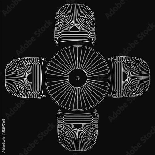 A round black and white table with a glossy finish is surrounded by four modern chairs featuring curved backrests and armrests, set against a solid black background for striking contrast.