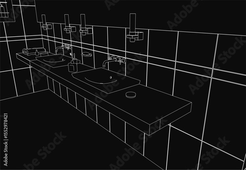 Two black and white washbasins with sleek taps stand against tiled walls in a clean, monochrome bathroom sketch. The symmetrical design highlights simplicity and functionality with detailed linework.
