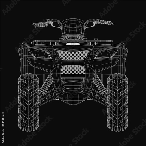 A 3D wireframe model of an ATV on a black background, showcasing detailed blueprint lines and smooth curves for a realistic design. The clean structure highlights the vehicle's frame and mechanical.