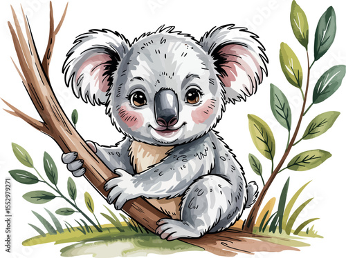 This endearing watercolor illustration shows a cute baby koala clinging to a tree branch. Its big fluffy ears and sweet smile make it incredibly charming.