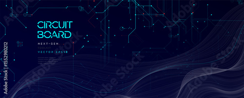 Circuit Board BG, Big Data Processing, Glow Grid Wavy Lines Backdrop. Futuristic Neural Network Flow On Dark Blue Tech Background for AI, Machine Learning And Cyber Concepts. Vector Illustration.