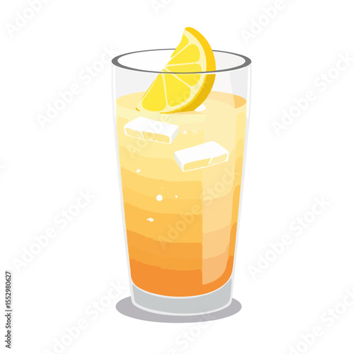Refreshing iced tea with lemon wedge.  Summer beverage with ice cubes and citrus fruit slice. Cartoon lemon wedge jumping into iced tea glass.