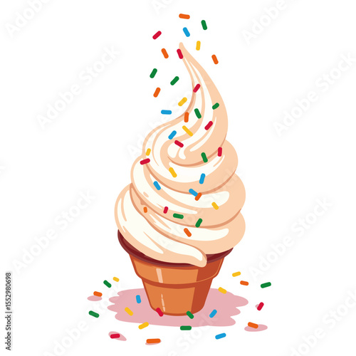 Rainbow sprinkles falling on soft serve ice cream cone. Delicious summer treat with colorful sprinkles and creamy vanilla ice cream. Perfect image for summer menu designs, ice cream shop ads,