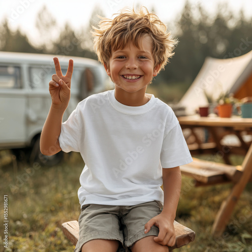 Summer camp kids model mockup. Boy wearing white shirt sitting at camping table, tent and camper van in background. Kids blank short sleeve t-shirt template. Children's casual tee mockup	
