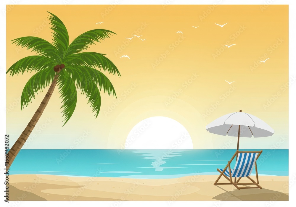 Obraz premium Serene tropical beach scene at sunset with a palm tree empty lounge chair and white umbrella overlooking the ocean with flying seagulls