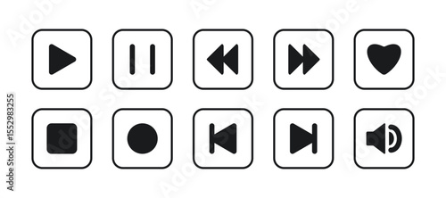 Set of media player buttons icons in a square. Pause, rewind, fast forward, sound, volume, record, like, favorite. Collection of video playback elements. Editable black stroke. Interface control.