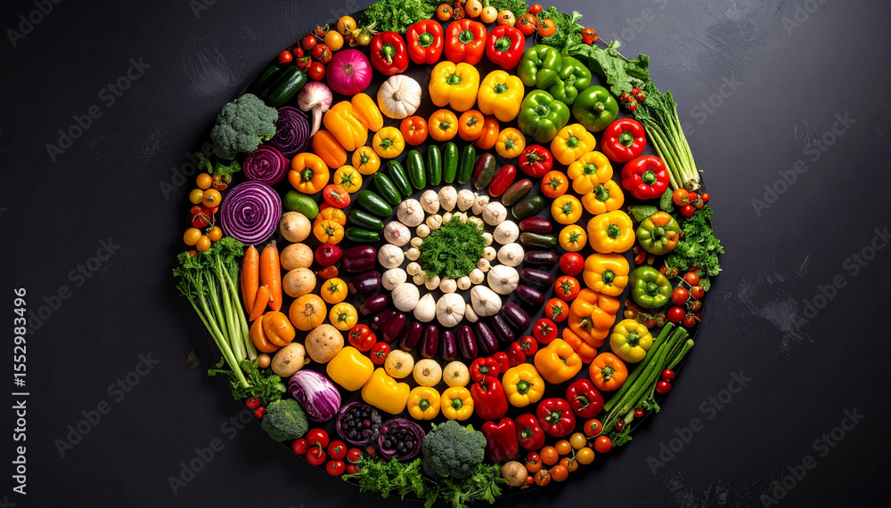 Fototapeta premium a vibrant array of produce is arranged in a spiral pattern against a dark background. the arrangement features layers of various vegetables, including peppers, small tomatoes, and root vegetables