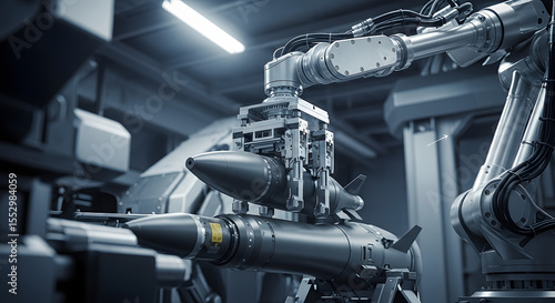 A robotic arm manipulating a large missile in a military industrial facility