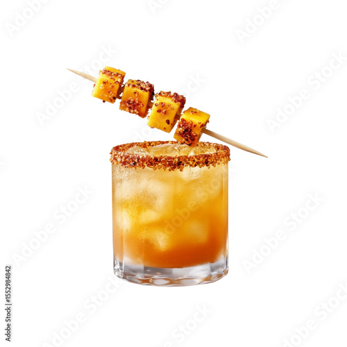 Spicy Mango Margarita with Chili-Lime Rim and Skewered Mango Cubes