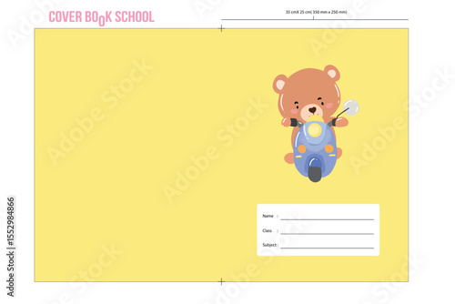 coverbook for school education with bear driving motorcyle