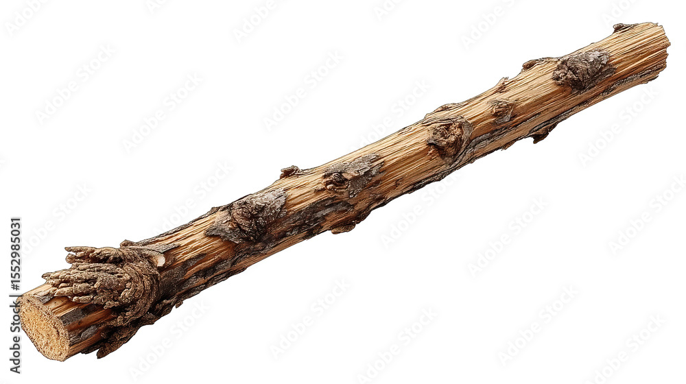 A roughly-hewn wooden stick or branch with bark on a transparent background A roughly-hewn wooden stick or branch with bark on a transparent background