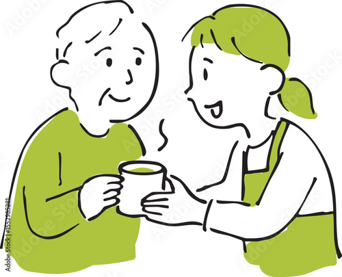 Heartwarming Moment in Elderly Care – Simple Line Illustration