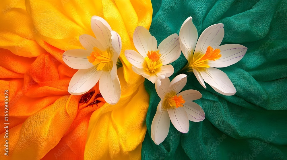 Fototapeta premium Vibrant Spring Crocus Flowers on Colorful Silk Fabric