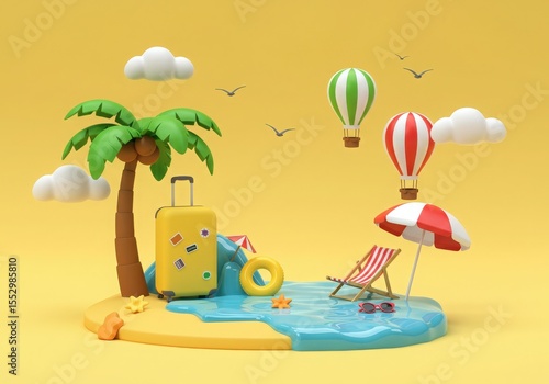 Whimsical 3d illustration of a tropical island beach scene with a yellow suitcase palm tree beach chair umbrella and hot air balloons floating in the sky