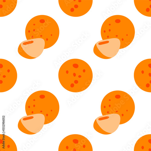 Seamless Cartoon Orange Fruit Pattern. Bright flat pattern with whole and halved oranges on white background. Flat cartoon seamless citrus fruit design.