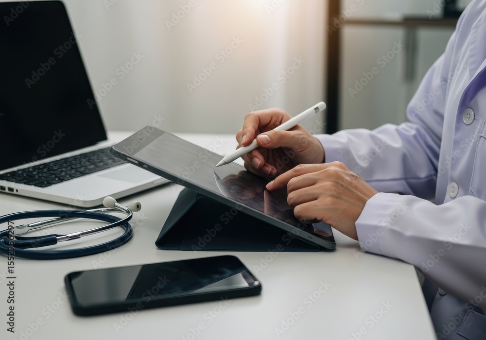 Fototapeta premium Doctor using tablet with stylus at desk with laptop and stethoscope