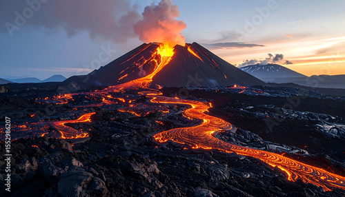a conical mountain is erupting, spilling molten rock down its sides. large rivers of magma meander through a dark, rocky landscape. the mountain's peak billows smoke and ash