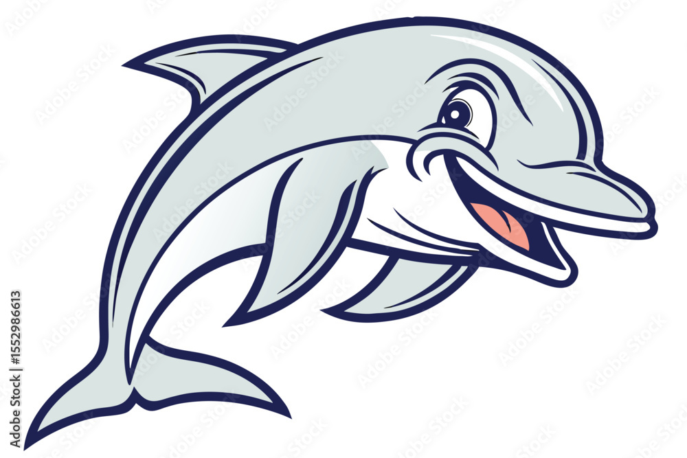 Fototapeta premium Cheerful dolphin with a wide smile swims forward, a vibrant aquatic cartoon creature