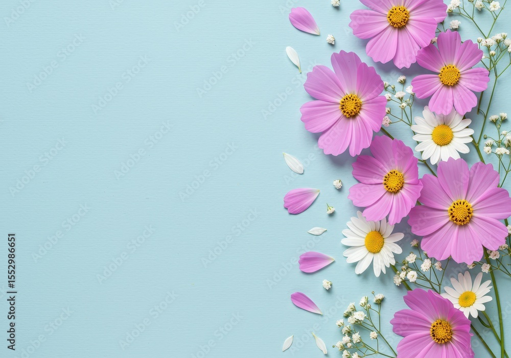 Fototapeta premium Floral arrangement with pink cosmos, daisies and baby's breath on light blue background