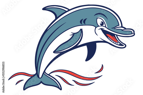 Cheerful blue cartoon dolphin jumps high as red waves surround it with delight