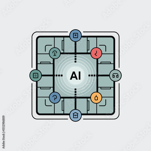 Abstract Teal Grid Network A I System Graphic Illustration Showing Interconnected Colorful Circular Icons Representing Smart Home Technology Data Processing and Artificial Intelligence
