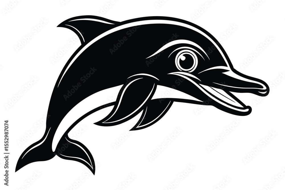 Fototapeta premium Black and white dolphin illustration shows a dynamic animal swimming with outlined details