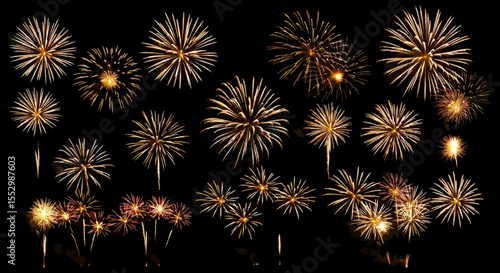 Spectacular golden fireworks display illuminates the night sky with brilliance