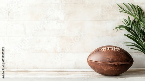 A classic leather football displayed elegantly on a rustic shelf alongside lush greenery, evoking nostalgia and love for sports amidst a natural atmosphere.
