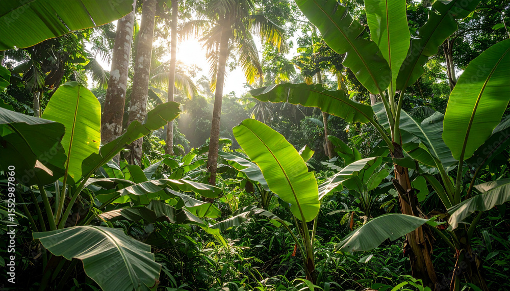 the image showcases a dense and vibrant forest scene. large, broadleaf plants dominate the foreground and middle ground, their leaves displaying rich green hues and varying shades the image showcases a dense and vibrant forest scene. large, broadleaf plants dominate the foreground and middle ground, their leaves displaying rich green hues and varying shades
