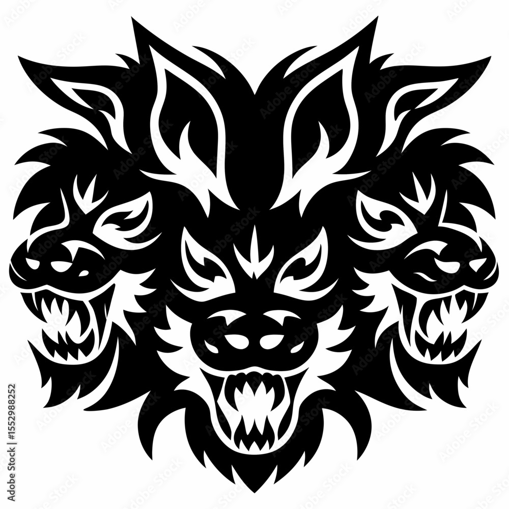 Three-Headed Hellhound Tattoo Design Fierce Mascot Illustration Three-Headed Hellhound Tattoo Design Fierce Mascot Illustration