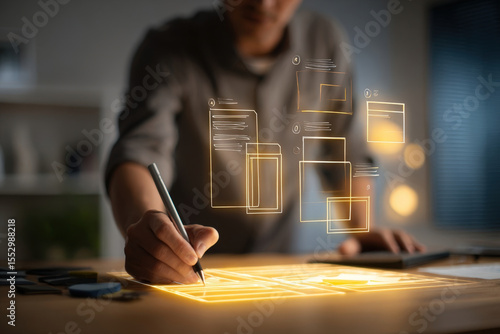 UX designer working on digital layout with holographic interface and glowing workspace
