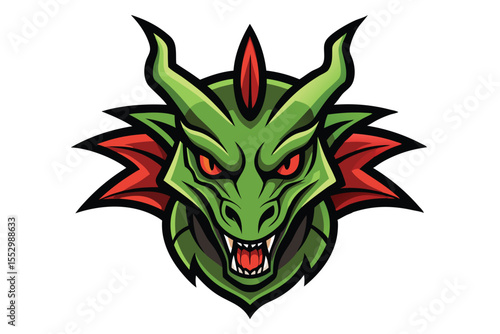 A green dragon head with red eyes shows its sharp teeth fiercely