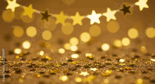 Golden Starry Celebration: Shimmering Party Decorations and Bokeh Background