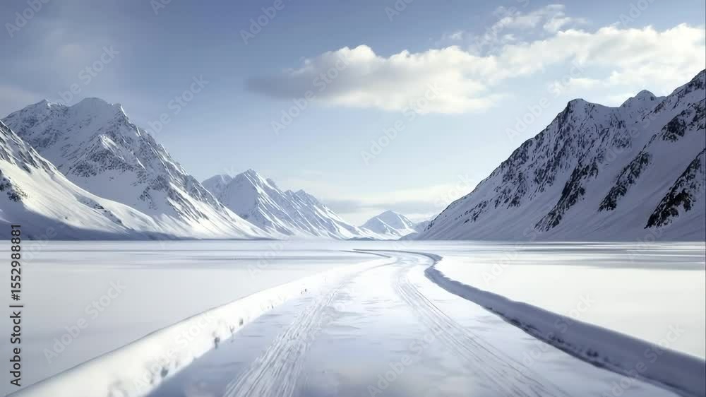Snowy mountain landscape with winding road and trail, clear blue sky, untouched snow, distant peaks, and serene, peaceful winter scene remote, cold environment, perfect for adventure travel Snowy mountain landscape with winding road and trail, clear blue sky, untouched snow, distant peaks, and serene, peaceful winter scene remote, cold environment, perfect for adventure travel