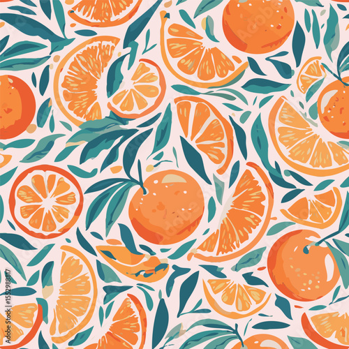 Seamless orange fruit pattern. A lively and colorful repeat pattern featuring hand-drawn oranges, leaves, and blossoms. Perfect for summer prints, packaging, fabrics, and wallpapers.
