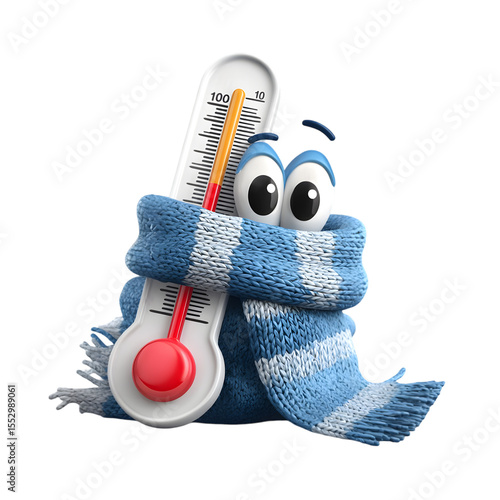 Cartoon Thermometer Character Wrapped in Scarf Feeling Cold Isolated on Transparent Background