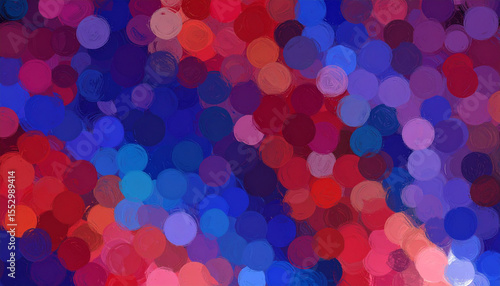 the image presents an abstract composition of circular forms densely packed together. these shapes display a variety of red and blue hues, creating a visually textured appearance