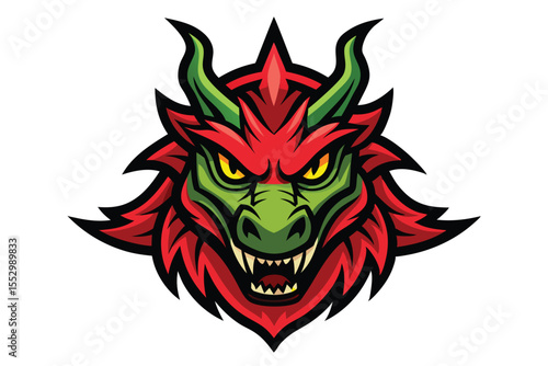 Fierce dragon with vibrant green and red scales stares intently ahead, showcasing sharp teeth