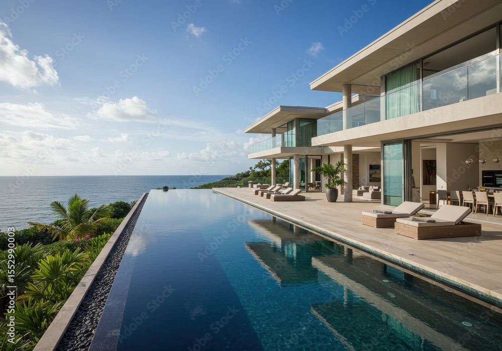 Fototapeta premium Luxury villa with infinity pool overlooking the ocean on a sunny day