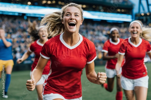 The moment of pure elation as a diverse women's soccer team, wearing minimalist red and white kits completely free of logos, celebrates a goal in a packed stadium.