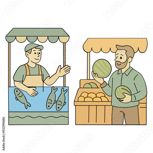 A fish vendor and a fruit seller are interacting at their market stalls. The illustration captures a friendly and collaborative atmosphere in a traditional market.