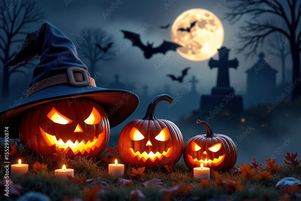 Halloween Scene with Jack o Lanterns, Witch Hat, Candles, and a Graveyard Under a Full Moon Halloween Scene with Jack o Lanterns, Witch Hat, Candles, and a Graveyard Under a Full Moon