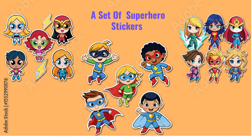 Collection of Diverse Cartoon Superhero Stickers with Bright Colors and Cute Chibi Style