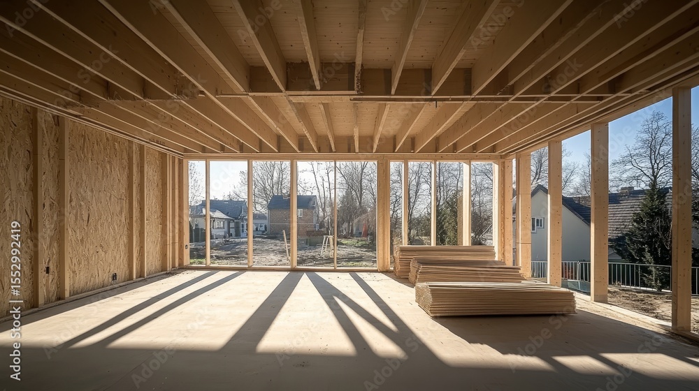 Beautifully Constructed Interior Frame Featuring Wooden Beams and Sunlight Streaming Through Windows Beautifully Constructed Interior Frame Featuring Wooden Beams and Sunlight Streaming Through Windows