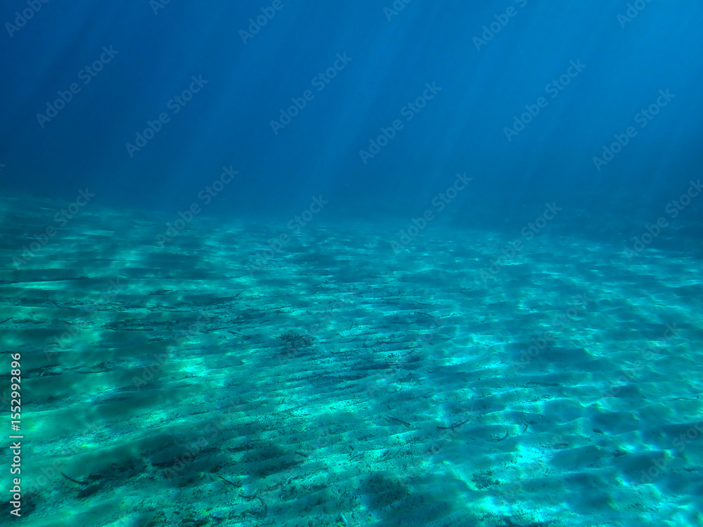 Obraz premium Ocean blue underwater with sunrays, Underwater Sea Deep Water Abstract Sunshine, sea wave , clean waters in summer time, Natural underwater seascape, sand on ocean floor and water surface with sunligh