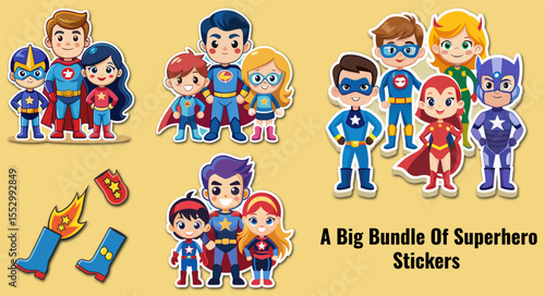 Collection of Cartoon Superhero Stickers Featuring Diverse Characters in Various Poses and Costumes