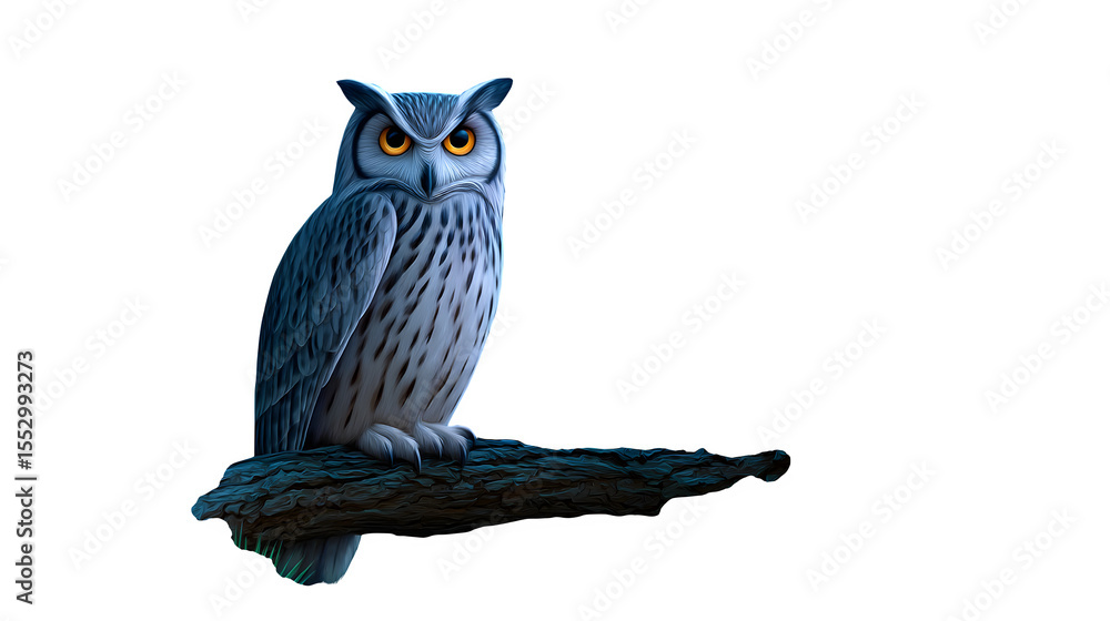 Obraz premium A wise old owl perched on a tree branch at night, moonlight illuminating feathers, mysterious vibe
