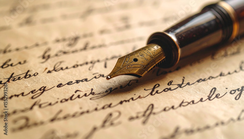 Timeless Pen & Paper: A vintage fountain pen poised over an antique handwritten letter, symbolizing the enduring art of writing and communication in a beautifully aged parchment.