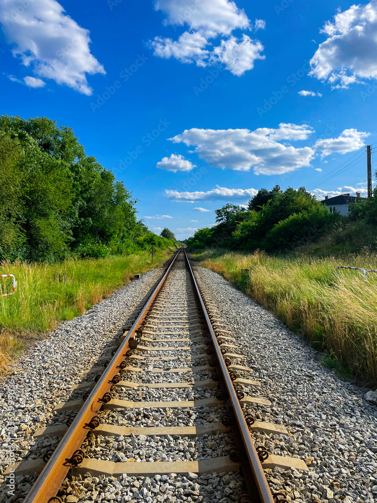 Obraz premium Railway tracks stretching into the distance through a lush green landscape. Summer countryside view with rails, gravel, and surrounding nature