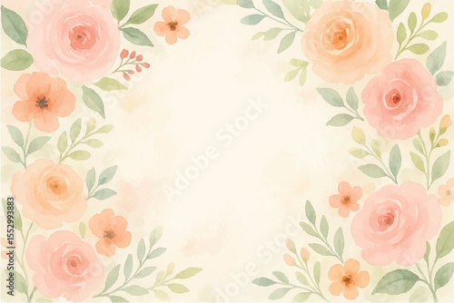 Vintage floral background with romantic pink roses, elegant frame, and decorative hearts for a wedding or Valentine's Day card design